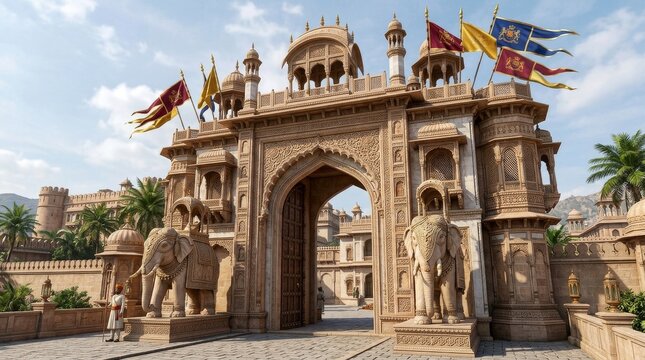 Grand ornate palace entrance gate with elephant statues and flags in detailed 3d model