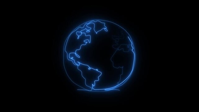 Glowing blue neon outline of the earth globe rotating on a black background, futuristic digital world map for global connectivity and network