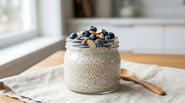 Healthy chia seed pudding with fresh blueberries in a glass jar on a wooden kitchen table. keto chia pudding
