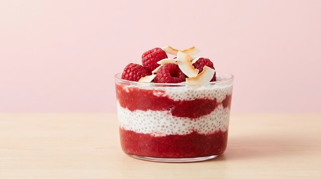 Healthy chia seed pudding with fresh raspberries and coconut flakes in a glass. keto chia pudding
