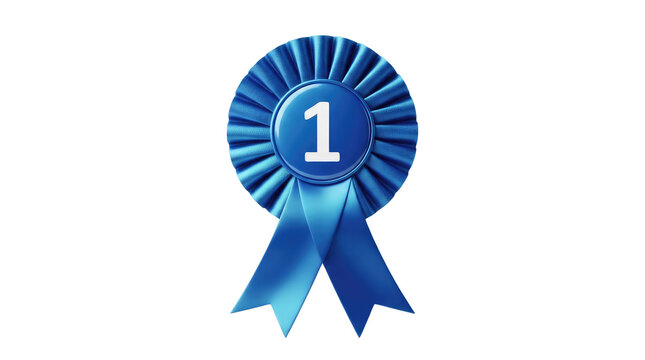 A detailed D rendered blue first place award rosette featuring pleated fabric, a glossy center button with a bold white number one, and two hanging ribbons below, isolated on a pure white background