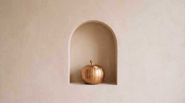 Golden pumpkin decoration inside a beige arched wall niche for autumn