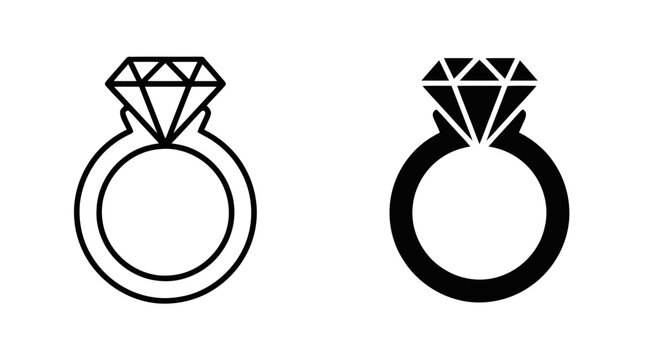 Vector illustration of diamond ring icon set, outline and solid style on a transparent background