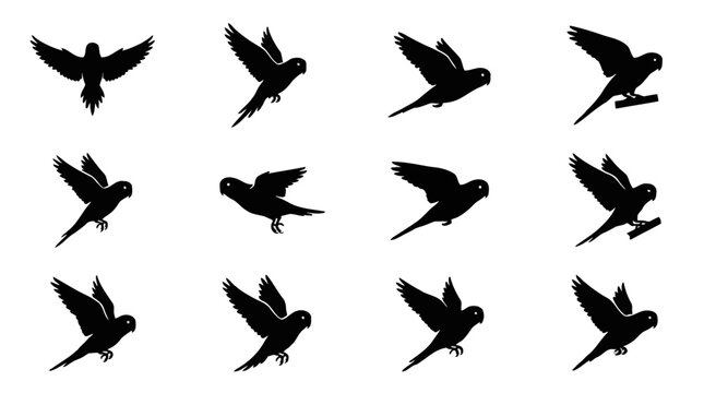 Stylized vector illustration of a bright green and yellow budgerigar parakeet in flight with outspread wings, isolated on a white background for commercial design use.