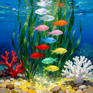Oil Painting of Vibrant Underwater Coral and Colorful Fish