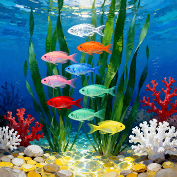 Oil Painting of Vibrant Underwater Coral and Colorful Fish
