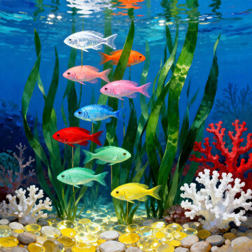 Oil Painting of Vibrant Underwater Coral and Colorful Fish