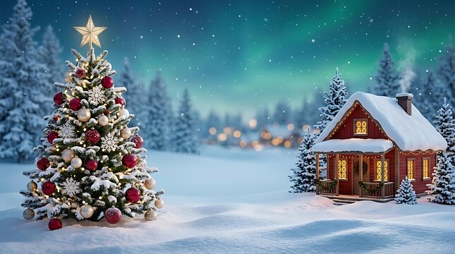 Decorated christmas tree stands beside a snow covered cottage under a winter sky, JPEG