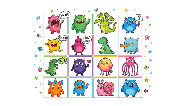 Cute cartoon monsters memory matching game grid featuring funny alien creatures and colorful beast characters set