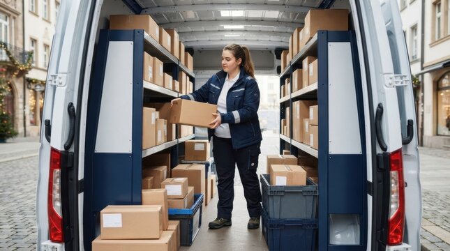 Professional courier organizing cardboard delivery packages inside a white cargo delivery van