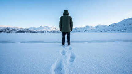 A man standing alone in a vast snowy landscape in Norway © Alex