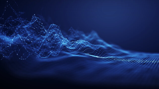 Massive big data streams move through a complex digital network, representing big data processing, filtering, sorting and analysis that transform unstructured data into valuable business insights