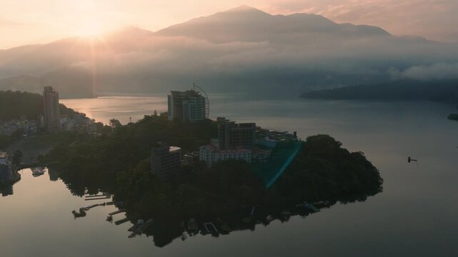 Aerial drone footage over the sun moon lake at morning in Taiwan
