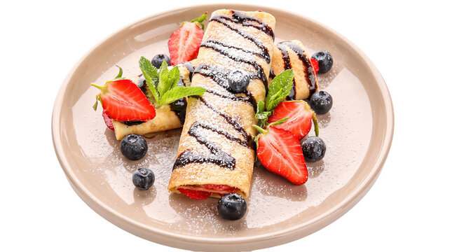 Gourmet dessert crepes with chocolate sauce, fresh strawberry and blueberry pancakes, sweet breakfast plate isolated on Transparent Background