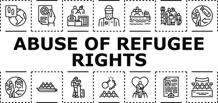Abuse of refugee rights banner infographic. Corruption protection, advocacy discrimination, detention violence icon vector illustration