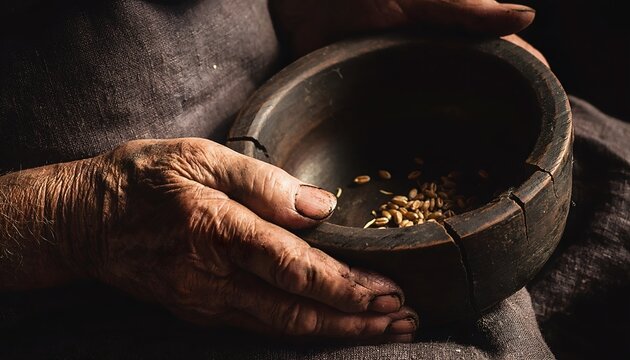 Close up wrinkled hands of impoverished elderly beggar holding empty rustic clay bowl asking for food and charity.