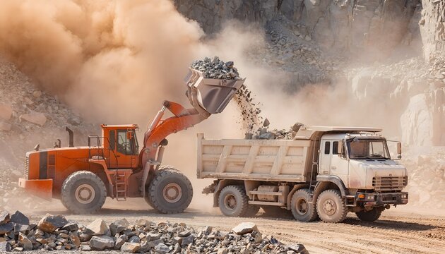 Wheel loader excavator loading heavy stone rubble and dust into a tipper dump truck at industrial construction site.