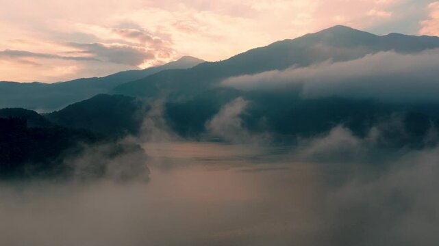 Aerial drone footage over the sun moon lake at morning in Taiwan