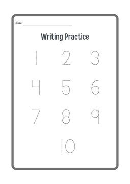 Educational math worksheet for children to practice writing, counting, and tracing numbers from 1 to 10. Printable numeral recognition and handwriting practice activity page with guideline rules desig