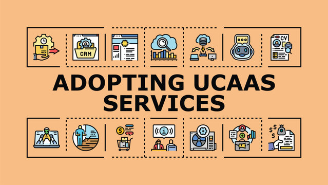 Adopting ucaas services banner infographic. Unified enterprise, adoption communications, voice service icon vector illustration