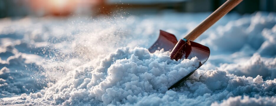 Shovel clearing snow with sunlight glistening on winter landscape  