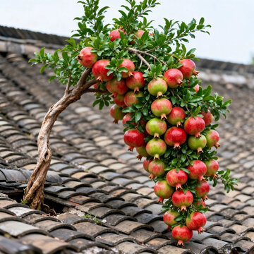 Pomegranate Bonsai Tree on Old Chinese Tile Roof
