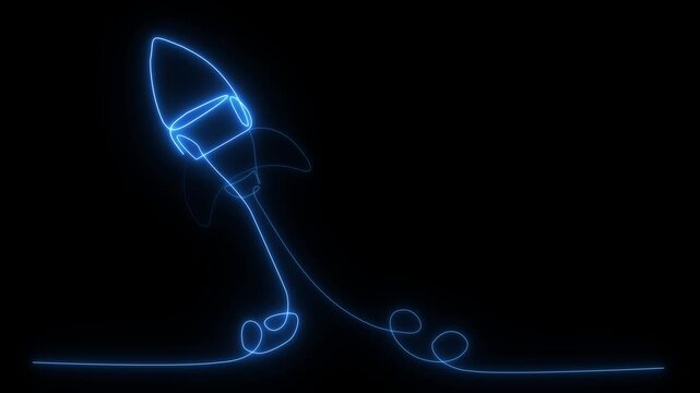 Continuous single line drawing of a space rocket launching into the dark night sky with a vibrant glowing blue neon light effect on black background