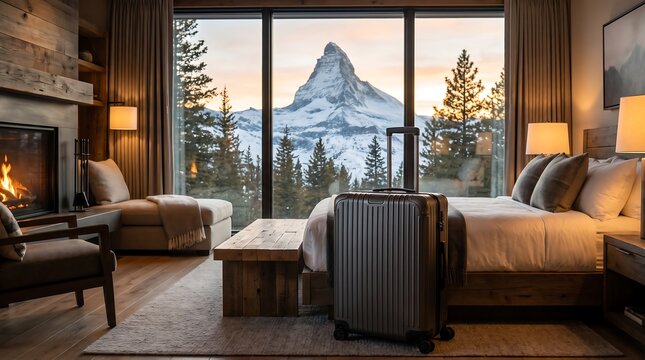 Suitcase in luxury resort bedroom with mountain view window