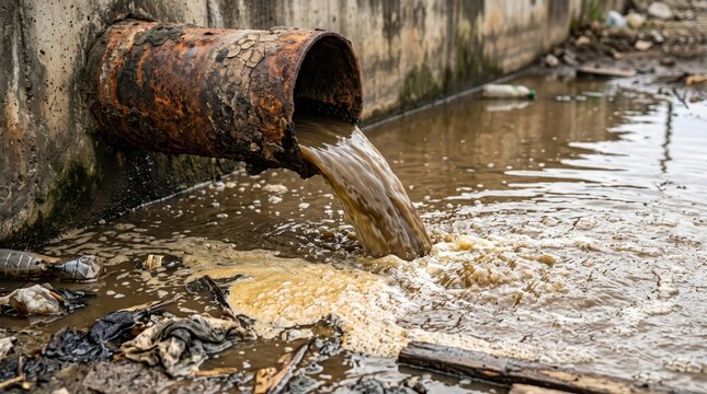 Rusty drainpipe releasing dirty water into a littered drainage channel. Water pollution and contaminated runoff. Environmental damage, wastewater management and water quality concerns.