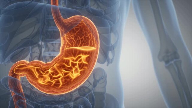 Human Stomach Digestion - Glowing Anatomical Model with Moving Fluid Level - 3D Medical Animation 4K Footage