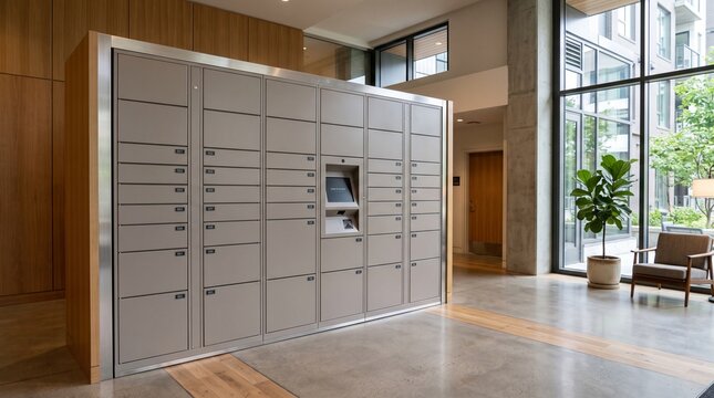 Modern parcel locker bank in contemporary lobby with natural light and green plant