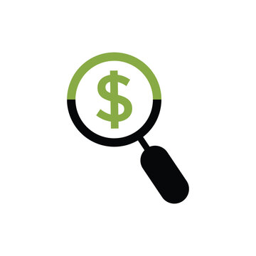 Financial analysis icon with a dollar sign and a magnifying glass.Research Water Quality Silhouette Icon. Magnifying Glass with Drop Water Black Pictogram