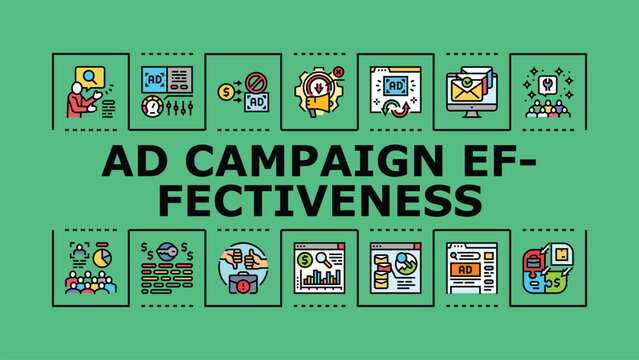 Ad campaign effectiveness banner infographic. Traction advertising, roi audience, awareness retention icon vector illustration