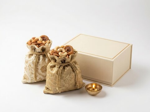 Two tied burlap sacks with ribbon and tag