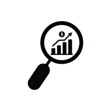 Black magnifying glass icon with financial growth chart and dollar sign