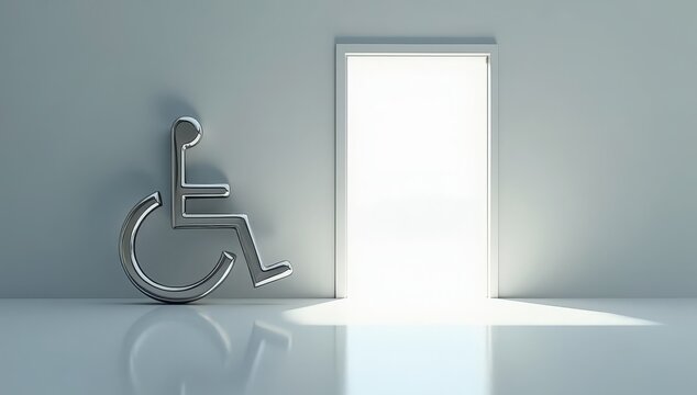 A gigantic wheelchair accessibility symbol becomes a key opening an enormous modern doorway, creating a surreal visual metaphor for accessibility and inclusion.