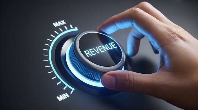 Hand turning a knob to maximum revenue, symbolizing business growth, financial success, and profit maximization