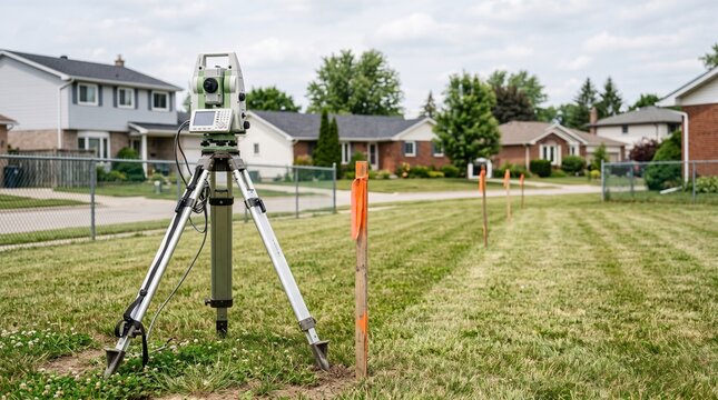 Surveying equipment on tripod in suburban neighborhood with stakes marking boundary lines during daylight