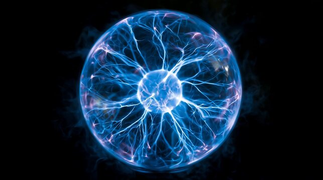 Blue plasma ball glowing with electrical energy in dark