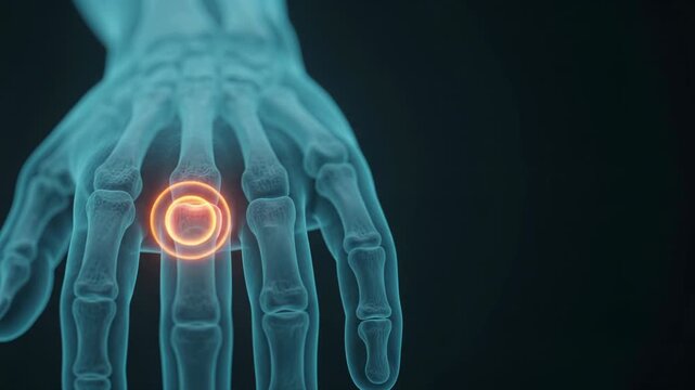 Human Hand Skeleton X-ray - Glowing Orange Pain Indicators on Knuckle Joints - Medical Animation 4K Footage