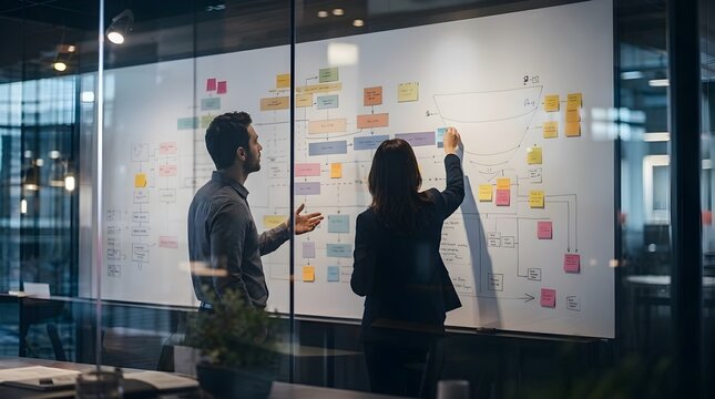 Professional business team collaborating on a strategic project planning session using a kanban board with colorful sticky notes in a modern office