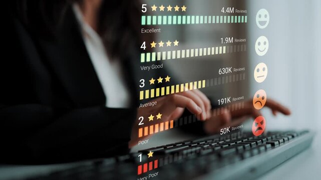 User Reviewing Online Ratings with Stars and Emojis on Digital Interface while Typing on Keyboard in Business Environment. Entropy.