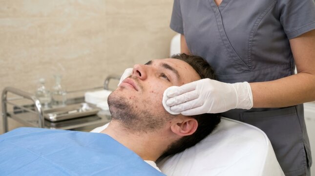 Dermatologist cleaning face of male patient with cotton pad before starting professional skincare treatment.