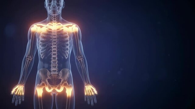 Human Skeleton Anatomical Visualization - Glowing Bone Joints and Spine Structure - Futuristic Medical 3D Animation
