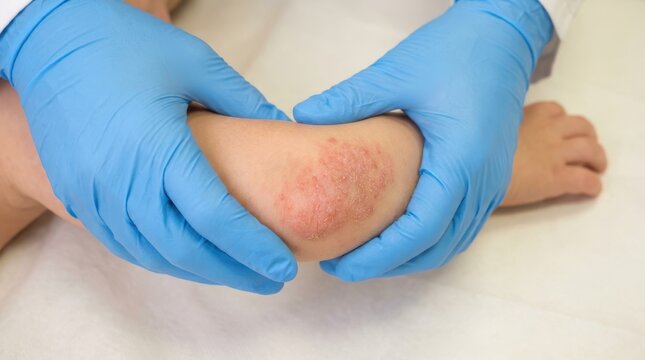 Professional dermatologist in blue sterile gloves inspecting red scaly eczema patch on patient arm during exam.