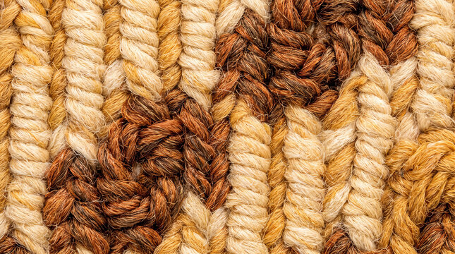 Macro close up of woven textile fabric with brown and beige twisted yarn threads in geometric pattern