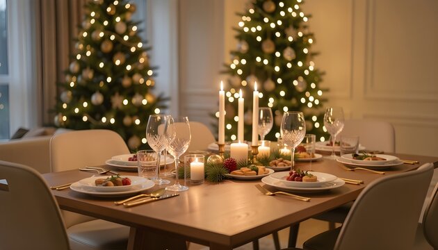 Elegant christmas dinner table setting with lit candles and decorated trees in a cozy dining room
