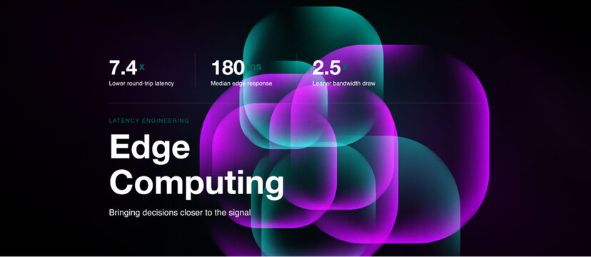 Dark background features abstract glowing shapes, text highlights edge computing benefits. Numbers indicate latency, response, bandwidth improvements.