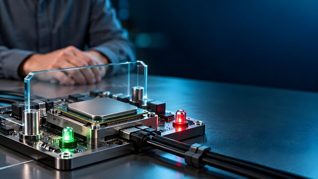 Close up of modern computer processor on motherboard with glowing status lights and hardware engineer in background