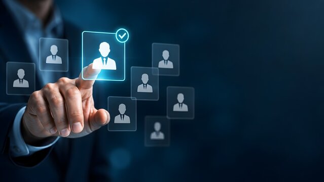 Businessman touching digital interface selecting a specific candidate profile from multiple user icons for talent acquisition
